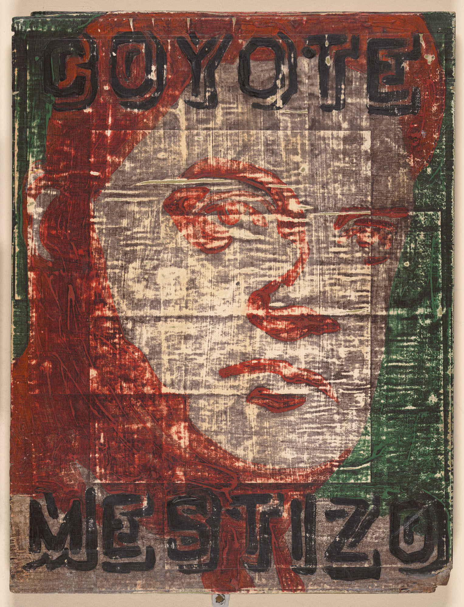 Poster of male figure with words 'Coyote' and "Mestizo'