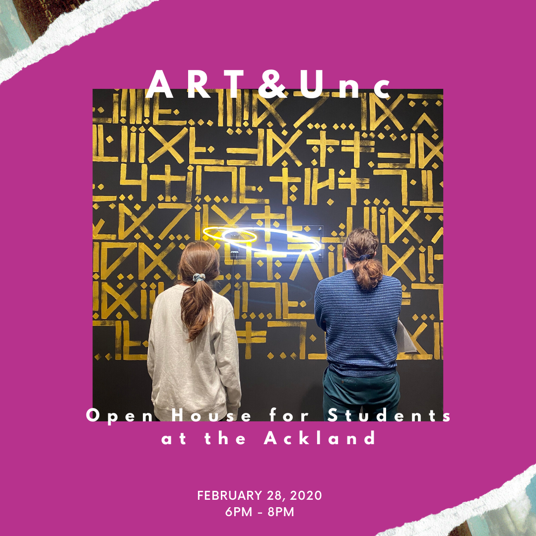 Image of two people looking at art in the Ackland's galleries surrounded by a purple frame with the text "ART&Unc."