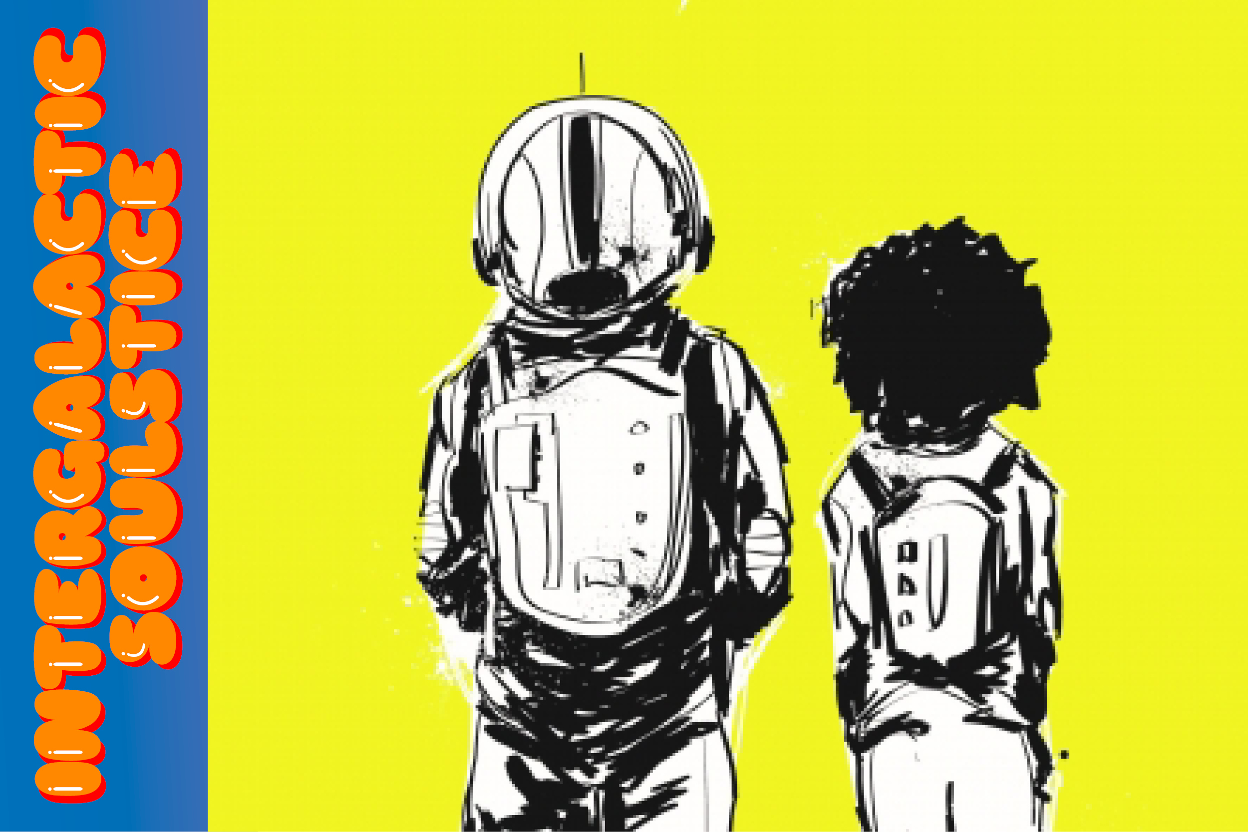 drawing of two boys wearing backpacks from behind. Text on the left says Intergalactic Soulstice