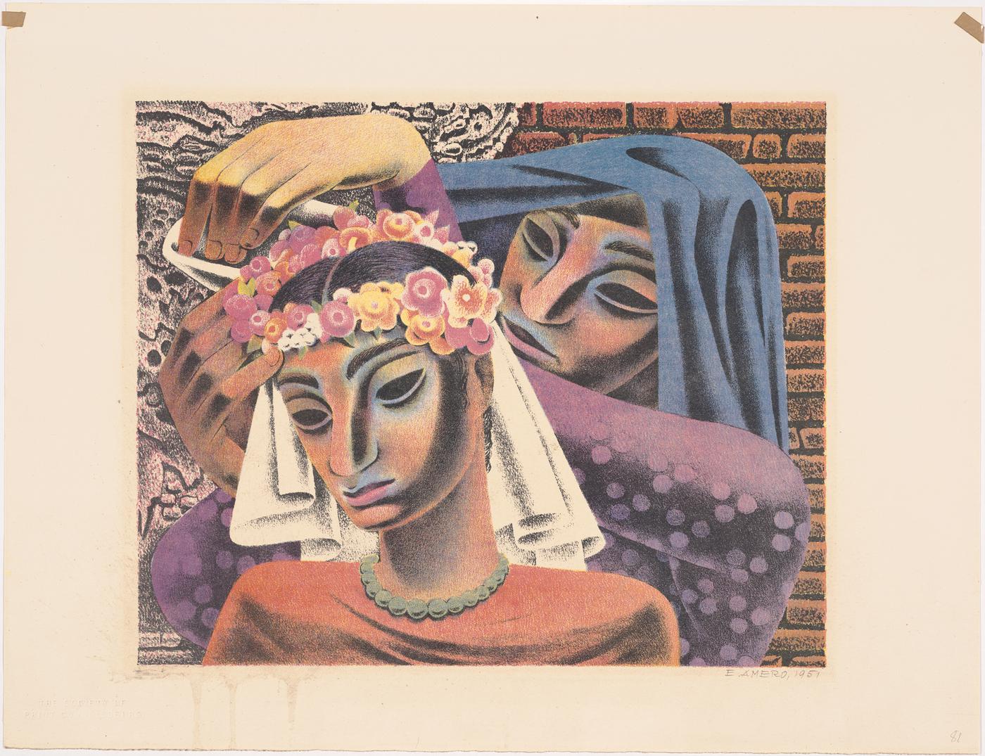 Image of two figures, one in purple with a blue headdress placing a flower crown on a person in the foreground