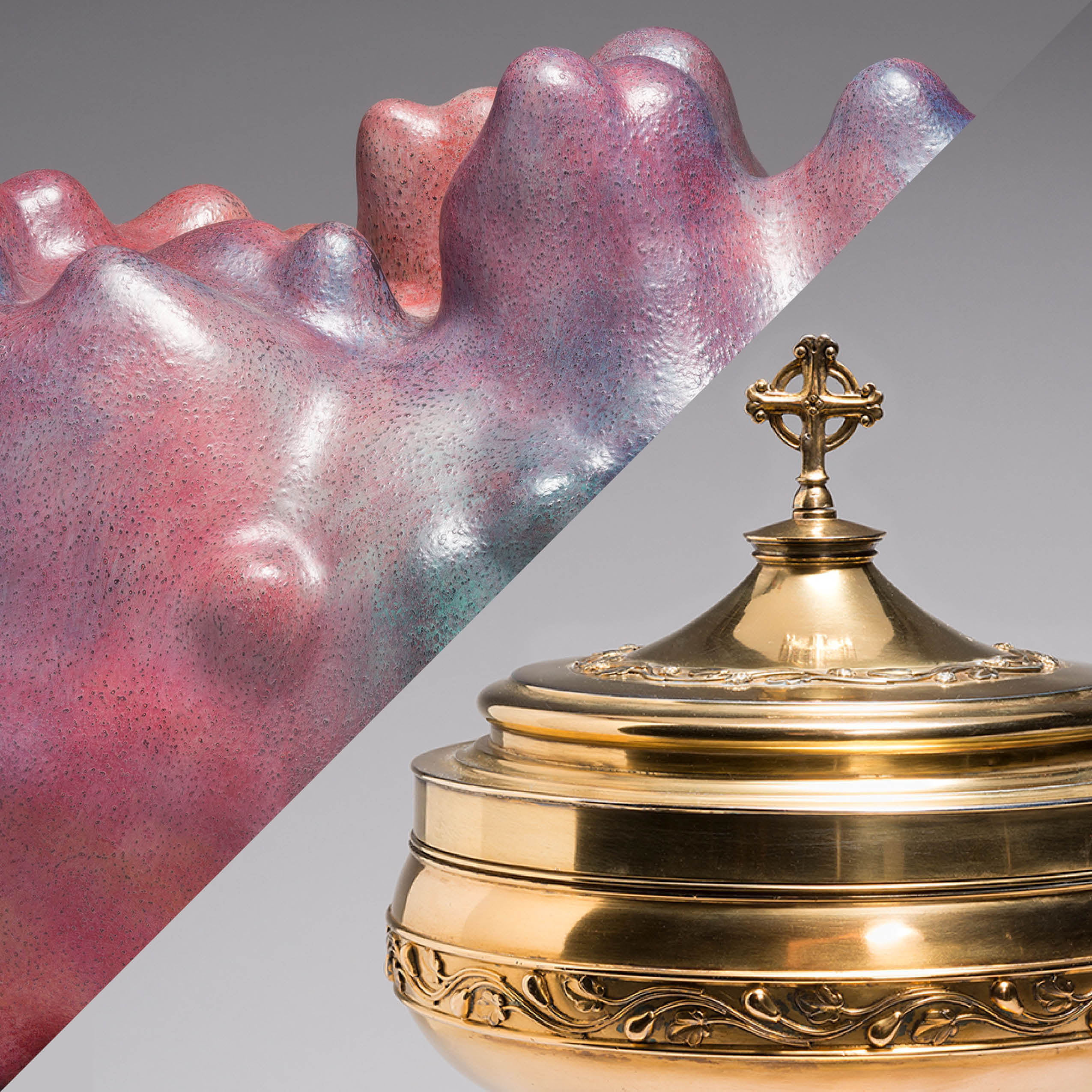 Image combining photographs of two artworks side by side: Ken Price's "The Squeeze" and Eugène Emmanuel Viollet-Le-Duc's "Ciborium"