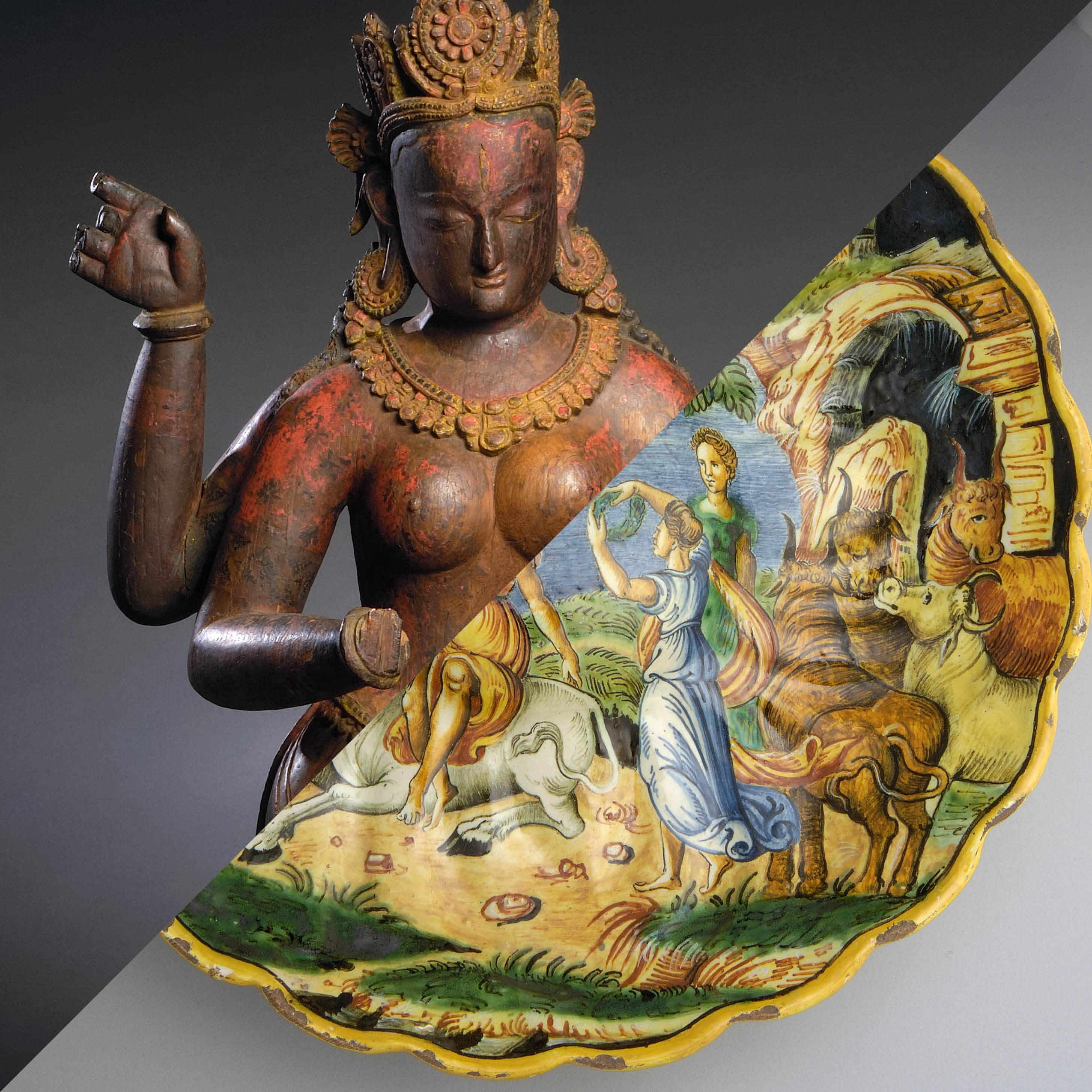 Photograph combining images of two art works side by side: a wooden Bhrikuti sculpture and a painted dish featuring Europa and the Bull.
