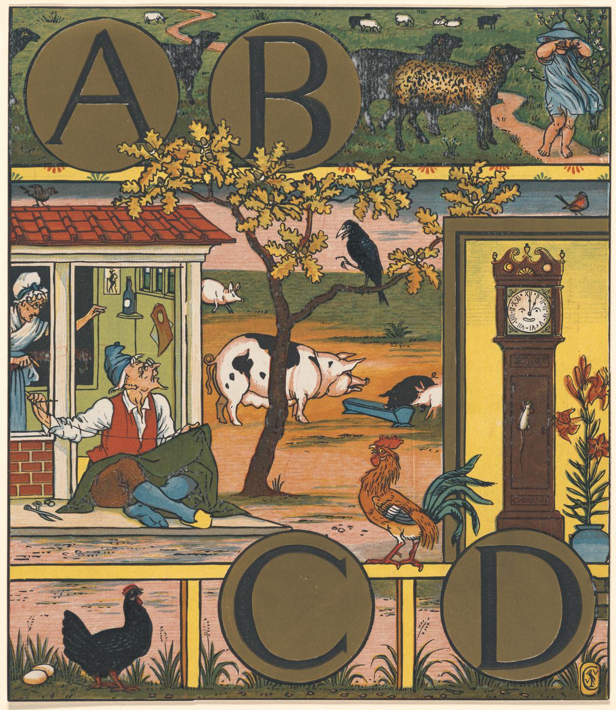 Engraving by Walter Crane featuring the letters A, B, C, and D in gold circles. At the center are several colorful depictions of farm animals and nursery rhyme characters.