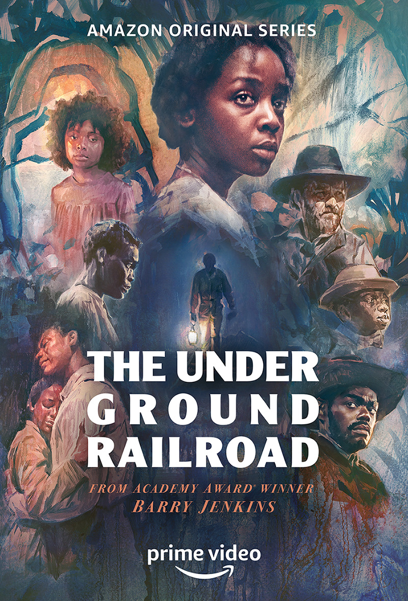 Poster for the miniseries "The Underground Railroad" featuring the title text over a painted image of several characters.