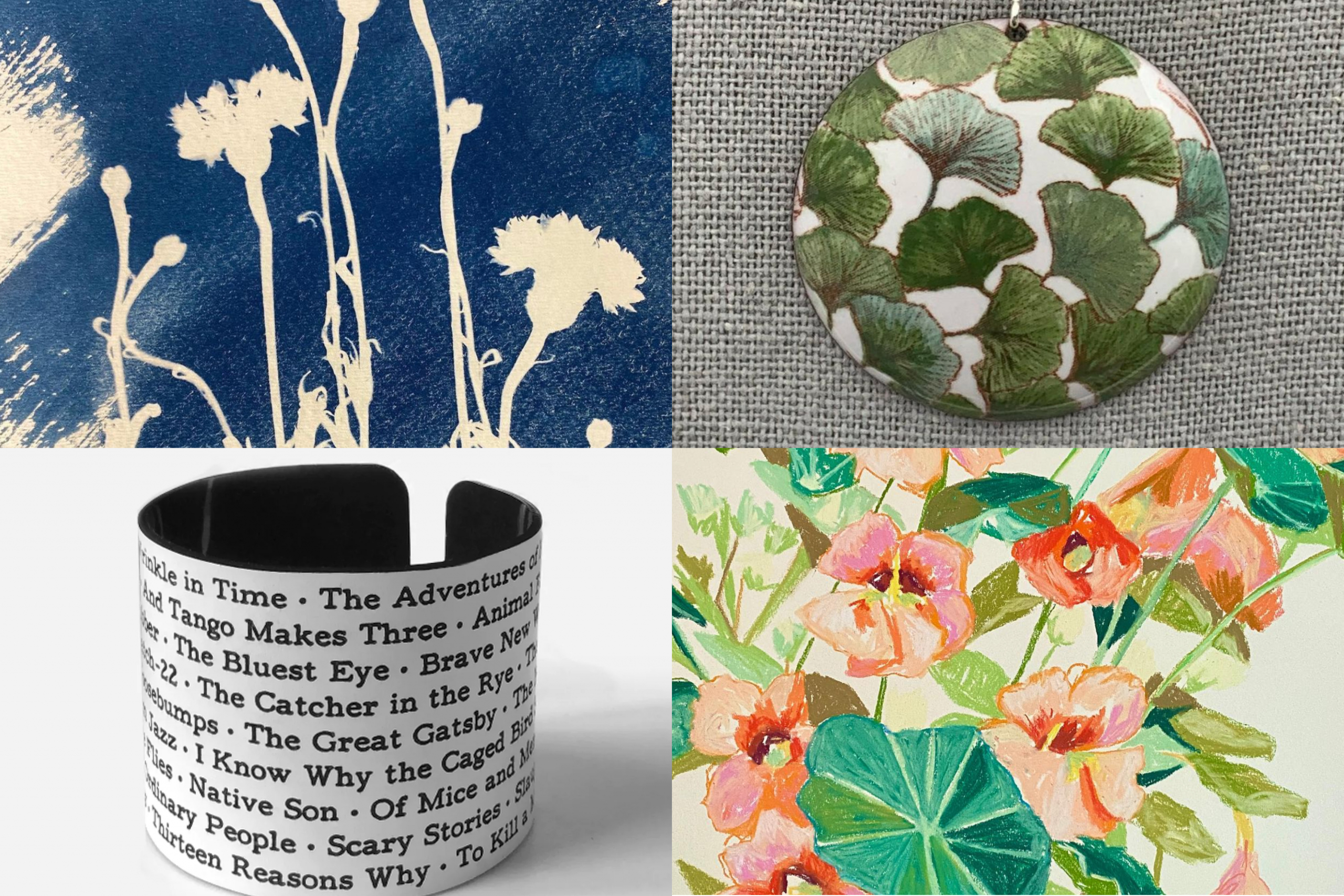 A grid of four photos: a cyanotype flower print a pendant, a pastel drawing of flowers, and a bracelet